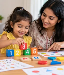 Preschool child practising counting, letters, and shapes with a parent at home
