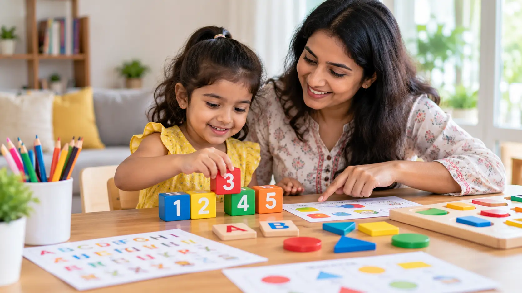 Preschool child practising counting, letters, and shapes with a parent at home