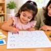 Preschool child tracing curved lines and shapes on a pre-writing worksheet with crayons