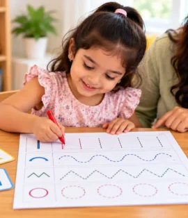 Preschool child tracing curved lines and shapes on a pre-writing worksheet with crayons