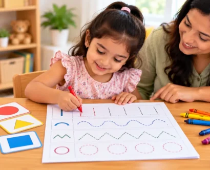 Preschool child tracing curved lines and shapes on a pre-writing worksheet with crayons