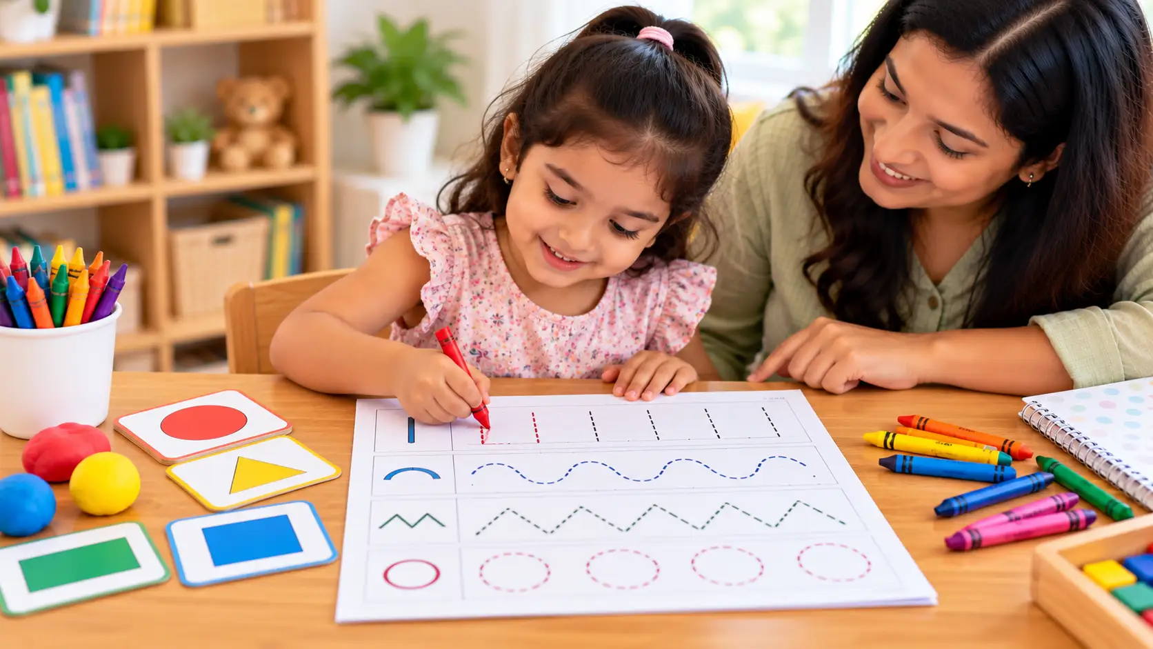 Preschool child tracing curved lines and shapes on a pre-writing worksheet with crayons